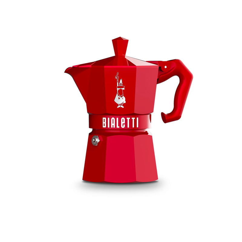 Bialetti | Red Moka Express Exclusive 3 Cup, a vintage-style stovetop espresso maker with an octagonal shape, diamond-shaped knob, and silicone gasket.