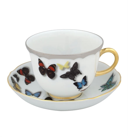 Vista Alegre | Lacroix Butterfly Parade Tea Cup & Saucer featuring colorful butterfly motifs with gold accents, embodying elegance and artistic flair, ideal for sophisticated table settings.