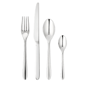 Christofle MOOD flatware set: polished dinner fork, knife, tablespoon, and teaspoon. Elegant, versatile design for casual or formal dining.