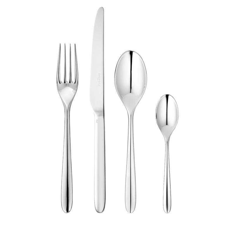Christofle MOOD flatware set: polished dinner fork, knife, tablespoon, and teaspoon. Elegant, versatile design for casual or formal dining.