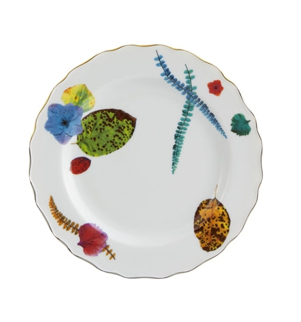 Vista Alegre | Lacroix - Caribe Bread And Butter Plate features a white porcelain base with gold-trimmed scalloped edges and colorful tropical botanical motifs.
