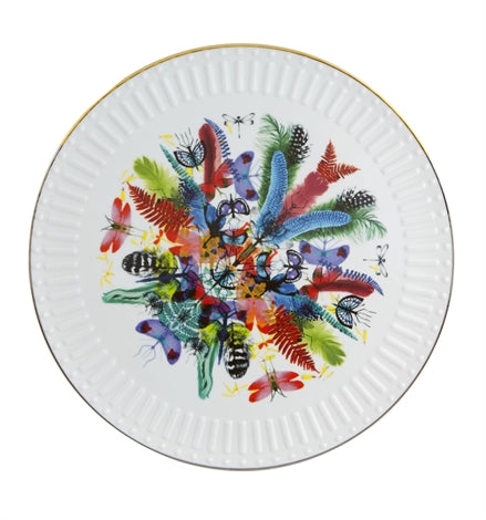 Vista Alegre | Lacroix - Caribe Charger Plate features a kaleidoscopic motif of feathers, ferns, and insects with a gold rim and fluted edge.