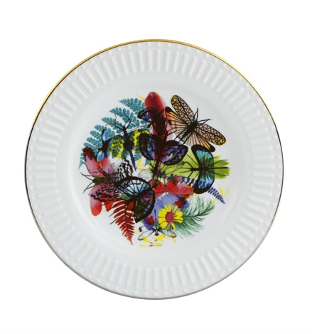 Vista Alegre | Lacroix - Caribe Dessert Plate features a white porcelain base with gold-edged fluted rim, adorned with ferns, flowers, and delicate insect silhouettes.