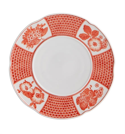 Vista Alegre | Coralina Bread & Butter Plate featuring white center, reddish-orange border with honeycomb and floral patterns, designed by Oscar de la Renta.