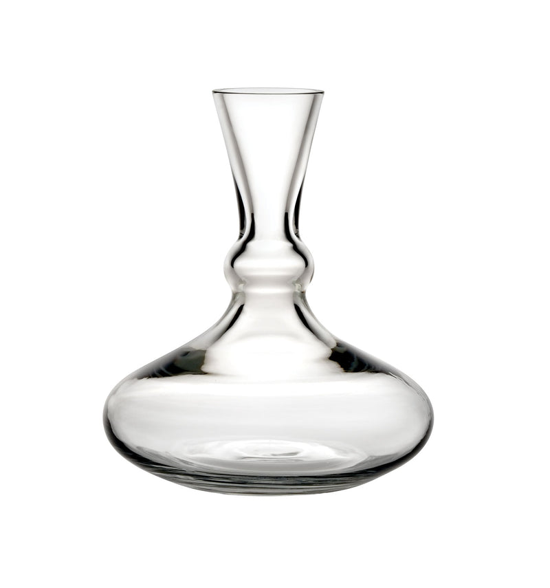 Vista Alegre Adão glass wine decanter with broad base and slender neck on white background