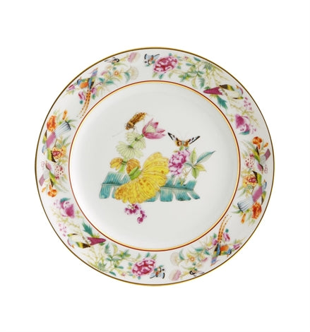 Vista Alegre | Paco Real Dessert Plate Banana featuring hand-painted floral and insect motifs, bordered with gold, ideal for enhancing fine dining experiences.