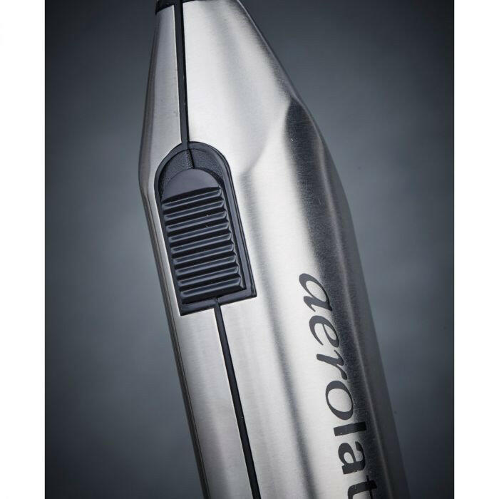 Close-up of Aerolatte Milk Frothers - Chrome, showcasing its compact design and included counter stand for easy access in your kitchen.