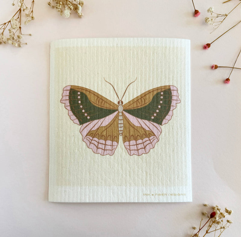 Ink and Fiber Designs - Butterfly 2 Swedish Dishcloth featuring a butterfly design, ideal for eco-friendly cleaning; absorbs 15x its weight, reusable, and compostable.