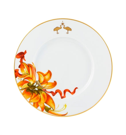 Vista Alegre | Amazonia Dessert Plate featuring a gold-rimmed porcelain design with gilt bird and floral motifs, inspired by Amazonian nature and philosophical voyages.