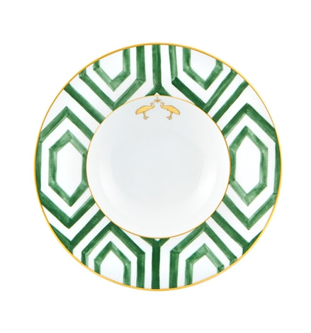 Vista Alegre | Amazonia Soup Plate: decorative porcelain with geometric rim patterns, gold animal motifs, and a plain white center, perfect for upscale dining settings.