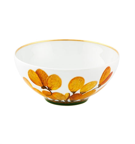 Vista Alegre | Amazonia Cereal Bowl: A white ceramic bowl with gold-rimmed lip, featuring stylized orange petals, ideal for enhancing culinary presentations at Athens Cooks.