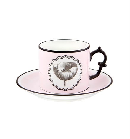 Vista Alegre | Lacroix - Herbariae Set features two pastel pink porcelain teacups with black rims, floral illustrations, and matching saucers, ideal for elegant tea settings.