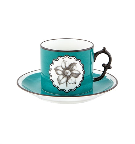 Vista Alegre | Lacroix - Herbariae Set 2 Tea Cups And Saucer features a teal cup and saucer with black-and-white floral motifs, ideal for elegant tea settings.