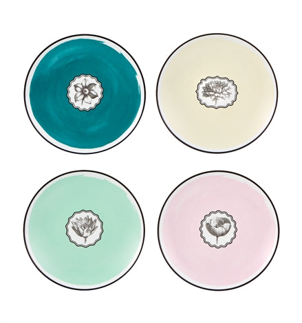 Vista Alegre | Lacroix - Herbariae Set 4 Dessert Plates: four pastel plates with scalloped medallions, each featuring a unique botanical illustration, perfect for elegant dining.