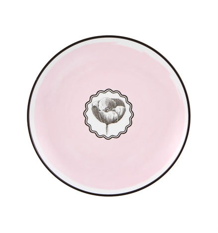 Vista Alegre | Lacroix - Herbariae Set 4 Dessert Plates featuring a pale pink ceramic plate with a black-rimmed poppy illustration medallion at the center.