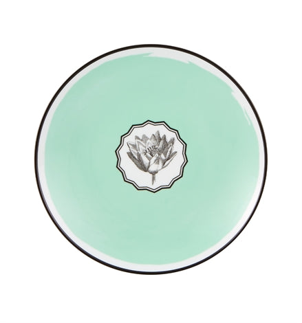Vista Alegre | Lacroix - Herbariae Set 4 Dessert Plates: Round mint-green ceramic plate with a black rim, featuring a central artichoke engraving.