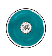 Vista Alegre | Lacroix - Herbariae Set 4 Dessert Plates features a turquoise ceramic plate with a central botanical medallion and elegant white rim.