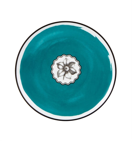 Vista Alegre | Lacroix - Herbariae Set 4 Dessert Plates features a turquoise ceramic plate with a central botanical medallion and elegant white rim.