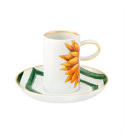 Vista Alegre | Amazonia Set of 2 Espresso Cups and Saucers with gold trims, featuring sunflower motifs and broad green accents, inspired by Amazonian flora and fauna.