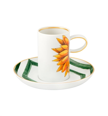 Vista Alegre | Amazonia Set of 2 Espresso Cups and Saucers with gold trims, featuring sunflower motifs and broad green accents, inspired by Amazonian flora and fauna.