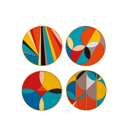 Vista Alegre | Futurismo Set of 4 Coasters featuring abstract geometric patterns, perfect for enhancing table decor with vibrant artistic flair.