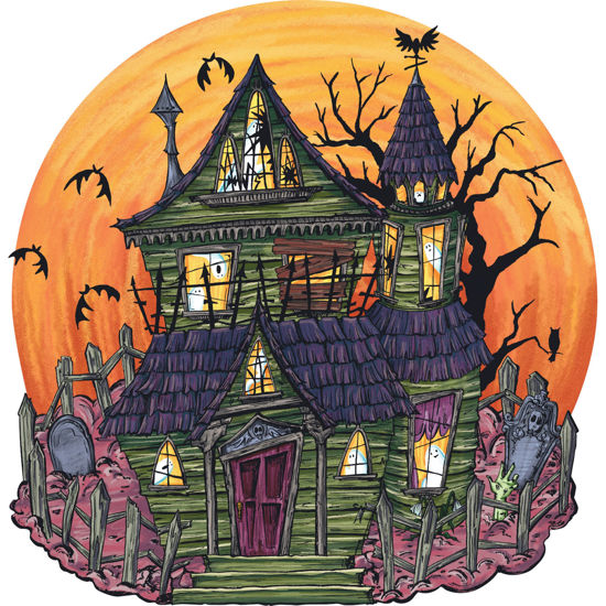 Hester & Cook Die-Cut Haunted House Placemat featuring a cartoon illustration of a green haunted house with a cemetery and bats, perfect for Halloween-themed table settings.