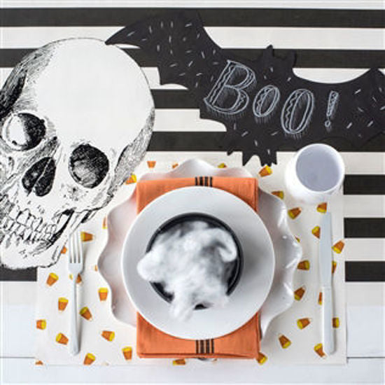 Hester & Cook | Die Cut Bat Placemat featuring a skull and smoke motif, perfect for adding a spooky touch to your table setting.