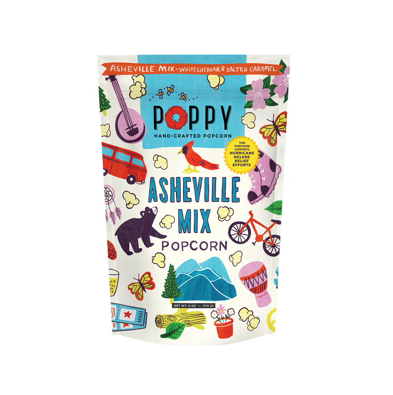 Poppy Hand-Crafted Popcorn - Asheville Mix Artist Bag, featuring White Cheddar & Salted Caramel flavors, supports Hurricane Helene relief with whimsical outdoor-themed illustrations.
