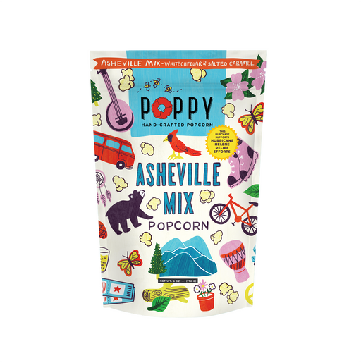 Poppy Hand-Crafted Popcorn - Asheville Mix Artist Bag, featuring White Cheddar & Salted Caramel flavors, supports Hurricane Helene relief with whimsical outdoor-themed illustrations.