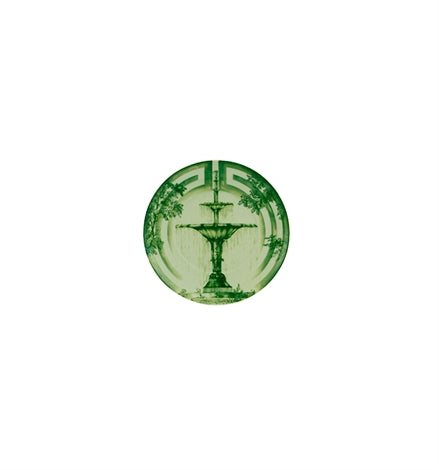 Vista Alegre | The Meaning Bread And Butter Plate Green features a garden fountain motif with architectural elements and stylized trees, ideal for elegant dining settings.