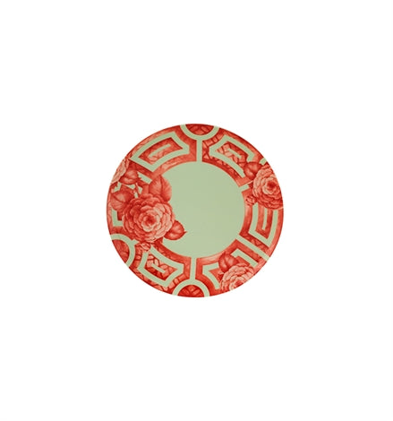 Vista Alegre | The Meaning Dessert Plate featuring a sage-green center, surrounded by a decorative reddish-orange border with peony-like blossoms and geometric motifs.