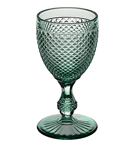 Vista Alegre | Bicos Mint Green Water Goblet with raised diamond texture, part of a set of 4, ideal for enhancing any dining experience.