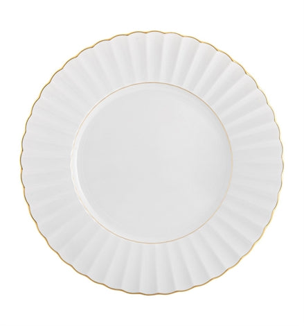 Vista Alegre | 200 Anos Dinner Plate: A round, white porcelain plate with a scalloped edge and gold trim, ideal for elegant dining settings.
