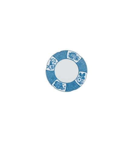 Vista Alegre | Coralina Blue Bread & Butter Plate features a white center with a blue-and-white patterned rim of geometric and floral motifs.