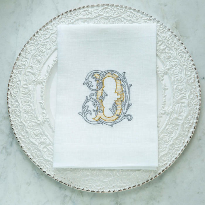 Crown Linen Designs | Vintage Vine Monogram Tri-Fold Napkin.