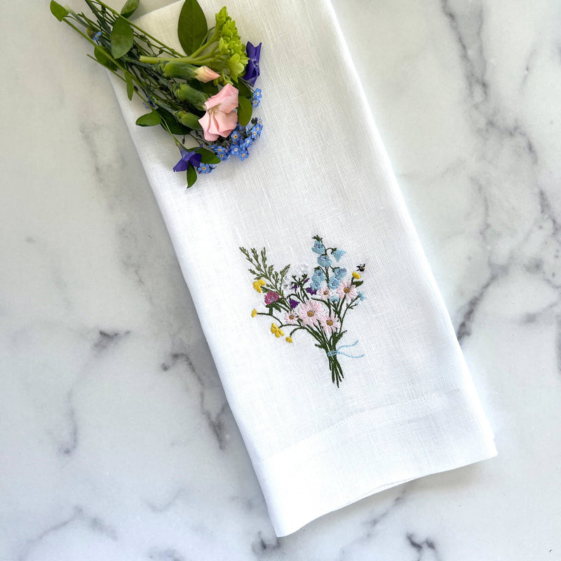 Arte Italica & Crown Linen Designs - Wildflower Bouquet Linen Towel: White (Multi), featuring embroidered wildflowers, ideal for kitchen decor or as a unique hostess gift.