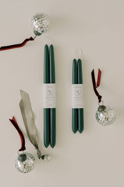 Mo&Co Home - Forest Green | Dipped Beeswax Taper Candles | All Natural: 14 Inch, showcased with dimpled glass baubles, perfect for elegant, eco-friendly decor.