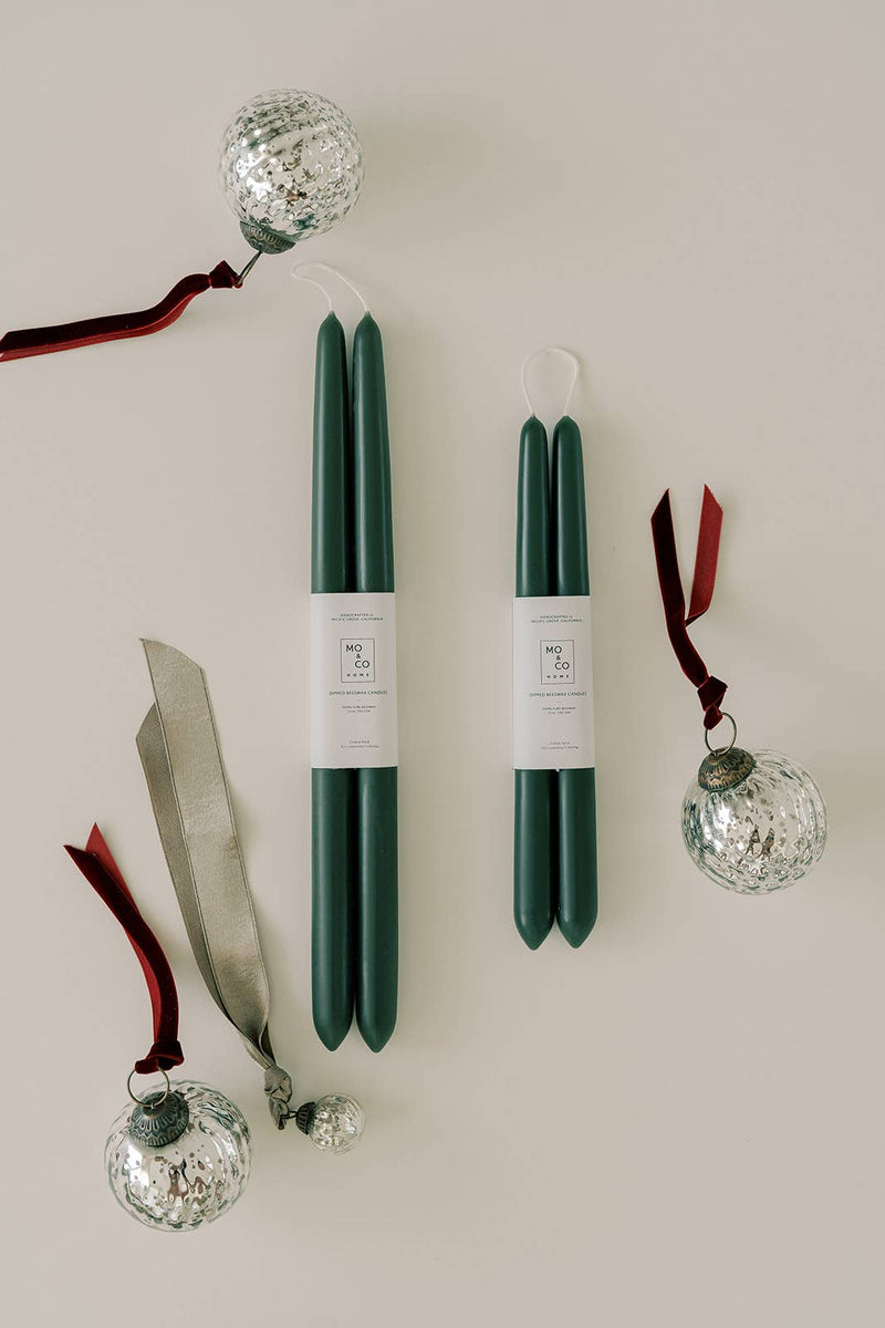 Mo&Co Home - Forest Green | Dipped Beeswax Taper Candles | All Natural: 14 Inch, showcased with dimpled glass baubles, perfect for elegant, eco-friendly decor.