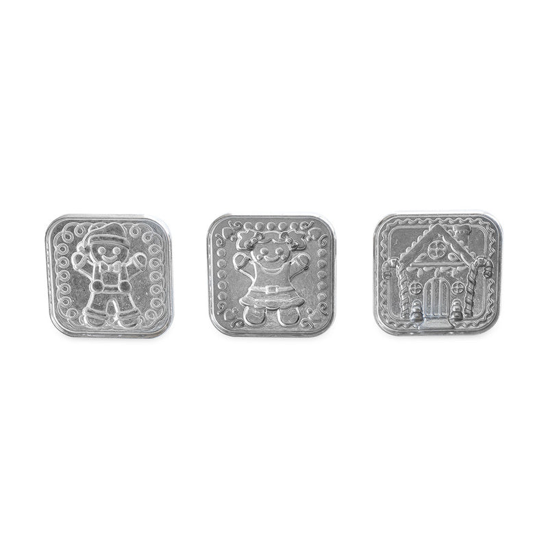 Nordic Ware | Gingerbread cookie stamps featuring silver squares with gingerbread designs, ideal for creating festive, detailed cookies with ease.