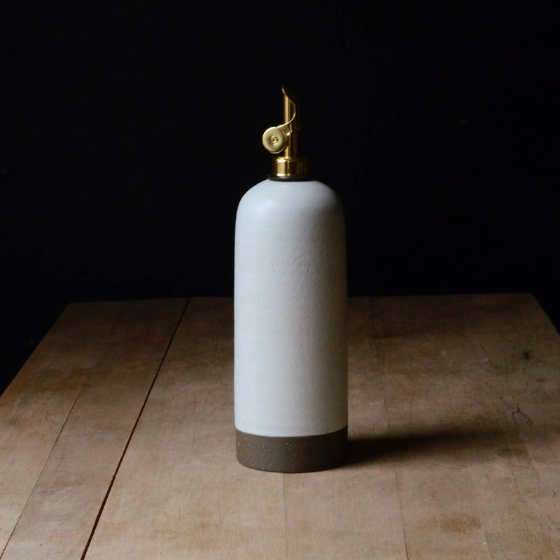 Rose Line Pottery - Oil Bottle - White - 22 Ounces: A handcrafted ceramic vessel with brass nozzle, ideal for oils, made in Maine. Perfect for culinary use.