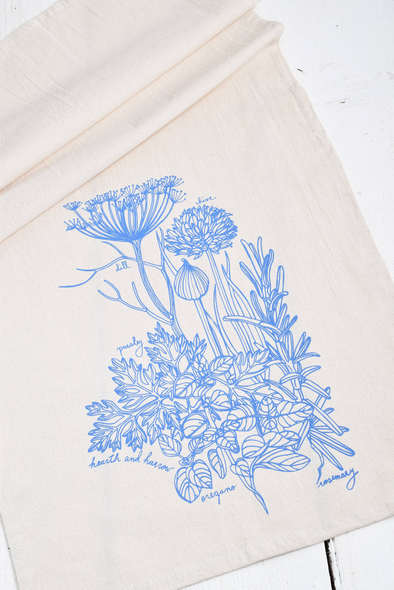 Hearth and Harrow | Kitchen Herbs Tea Towel in Blue-violet - Plant Print Cloth