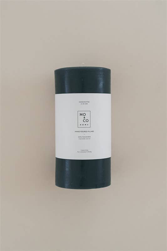 Mo&Co Home - Charcoal 100% Beeswax Pillar Candle, handmade, 3x6 inch, with white label. Handcrafted, clean-burning, eco-conscious, ideal for weddings and gatherings.