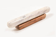 Verve Culture - White Marble Rolling Pin on wooden base, showcasing a sleek marble design with subtle gray veining, ideal for controlling dough consistency in baking.