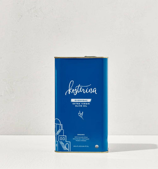 Kosterina - Organic Everyday Extra Virgin Olive Oil Tin (3L), featuring a blue container with white text, ideal for cooking and baking needs.