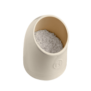Emile Henry | Salt Pig, Truffle: A light-beige ceramic vessel partially filled with coarse white salt, featuring a wide opening and non-glazed interior for easy seasoning access.