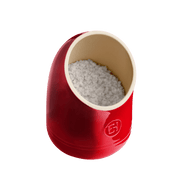 Emile Henry | Burgundy Salt Pig, a glossy ceramic salt-cellar, partially filled with coarse white salt crystals, designed for moisture control and easy access.