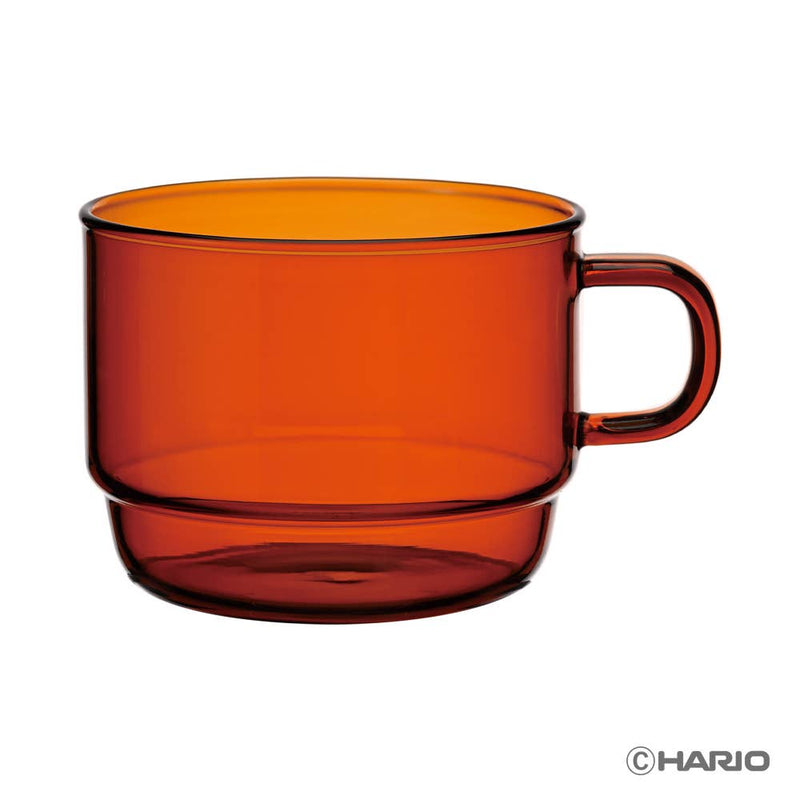 HARIO USA - HARIO Colors Glass Stackable Mug, 300ml: Amber, featuring a sleek design with a small handle, ideal for coffee or soup.