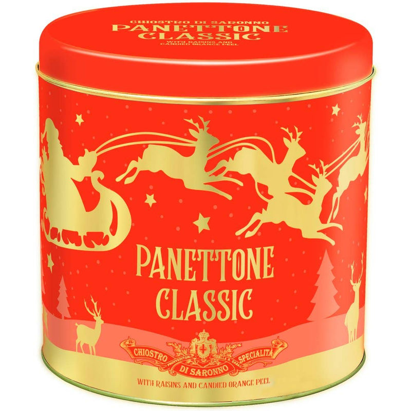 Zia Pia - Classic Panettone in Reindeer Tin by Chiostro di Saronno; festive tin with Italian panettone featuring raisins and candied orange peel.