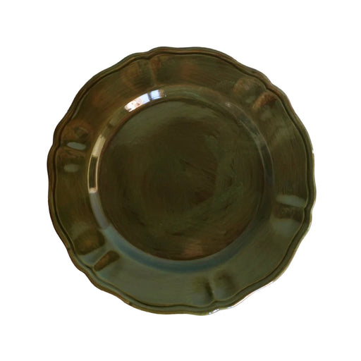 La Gabbianella | Lucca, Round Platter, Olive Green: A 33cm handmade Italian ceramic plate with a scalloped edge, perfect for serving pasta or salad.