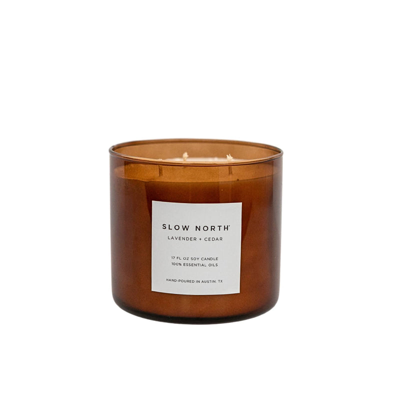 Slow North - Lavender + Cedar - Signature 3-Wick Candle with black metal lid; hand-poured in Austin, TX, ideal for larger spaces, featured at Athens Cooks.